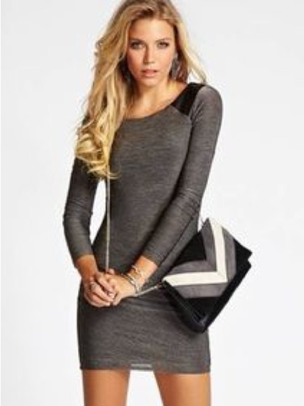 Guess Faux Leather Shoulder Accent Bodycon Mini Dress In Heather Gray Size S